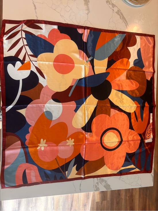 Accessories - NWOT, Bold Floral Satin Scarf in Orange, Navy & Cream